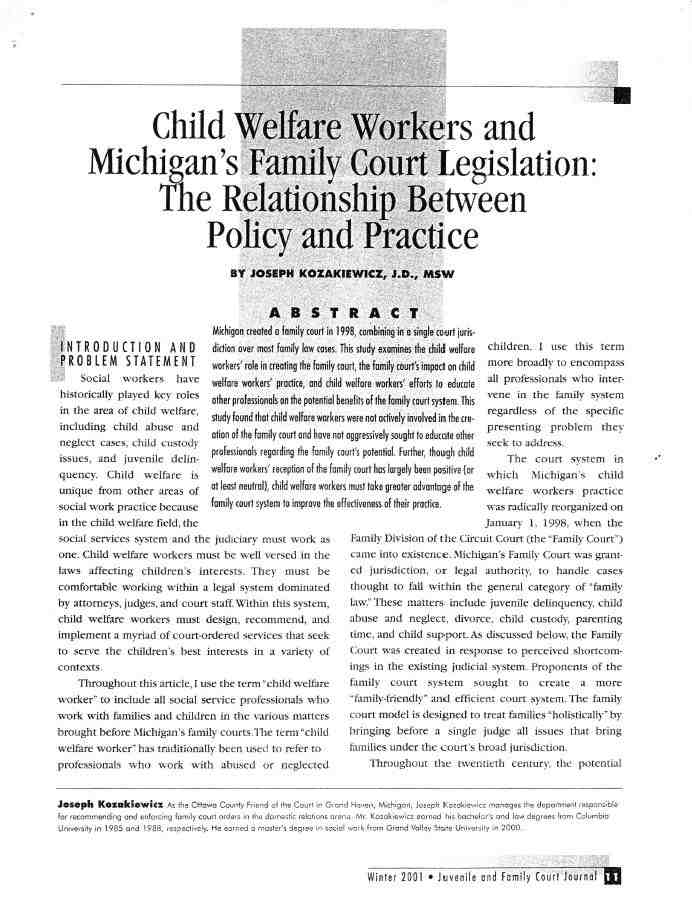 Child Welfare Workers and Michigan's Family Court Legislation